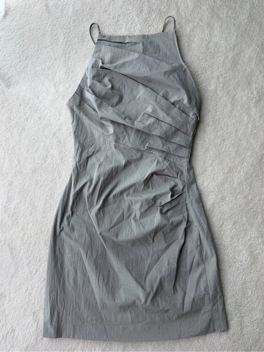 Zara Sleek Gray Ruched Halter Dress Spaghetti Straps Open Back
